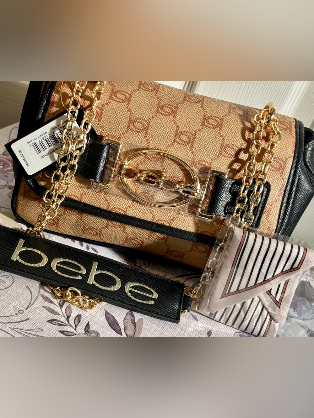 bebe Beige & Black Monogram Bag Shoulder or Crossbody with Gold Hardware